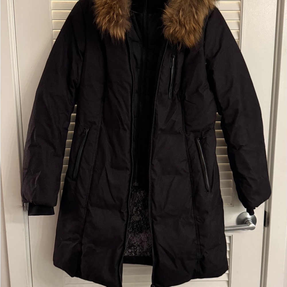 Soia & Kyo Black Puffer Jacket with Tan Fur Collar